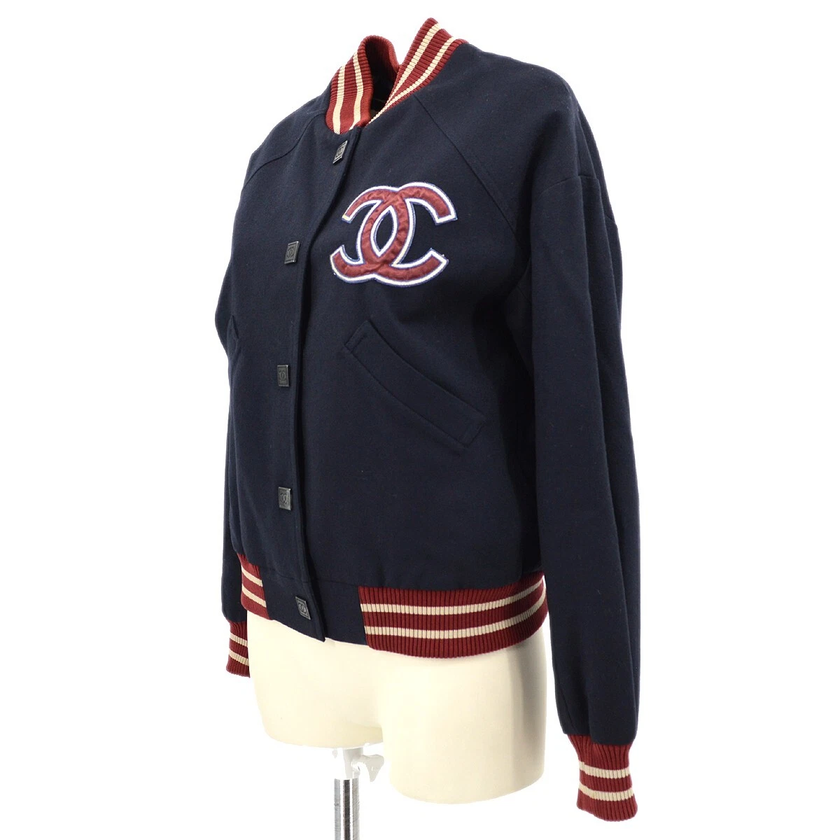 CHANEL 04P #38 Letterman Baseball Jacket Sports Line Dark Navy Red 76791 |  eBay