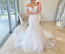 Off Shoulder Boho Mermaid Wedding Dresses Lace Applique Beach Bridal Gowns Train