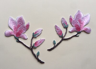 2er Set Magnolie Blume zum Aufbügeln/Aufnähen voll bestickt Patch Applikationen Abzeichen