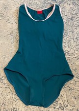 Yumiko leotard - Alex, forest green with pink trim, size XS .