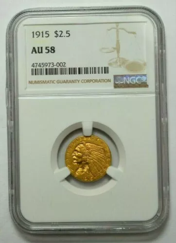 1915 $2.5 INDIAN HEAD QUARTER EAGLE GOLD COIN $2 1/2 NGC AU58 BETTER DATE GRADED