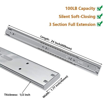 LONTAN 24'' Drawer Slides Soft Close Full Extension Ball Bearing Side Mount 2pk