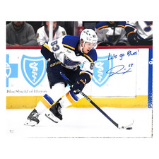 Jake Neighbours St Louis Blues Autographed Away Uniform 16x20 Photo with Inscrip