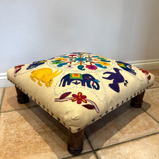 Vintage Embroidered Low Footstool Wooden Legs Boho Elephant Animal Upholstered