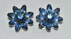 Sapphire Blue Aurora Borealis AB Rhinestone Signed Weiss Clip-on Flower Earrings