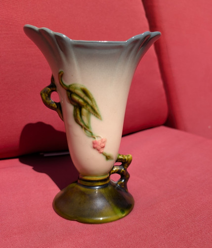 Hull 603-3 1/2 Vintage 1940s Handled Floral Art Pottery Vase White Green