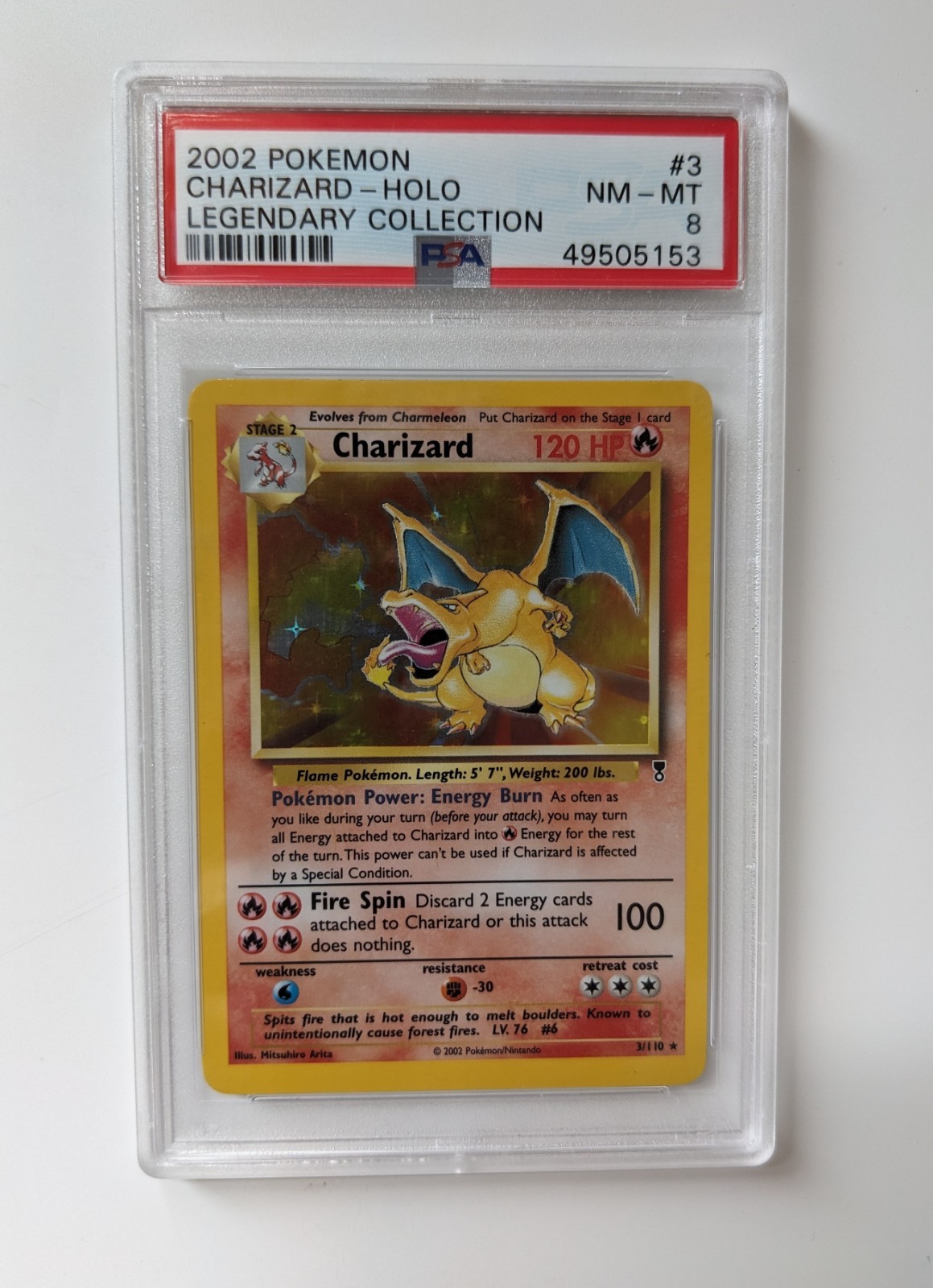 Pokemon: Charizard 3/110 Holo Rare. 2002. Legendary Collection. PSA 8. NM/MT