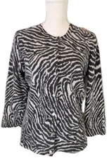 SARAH SPENCER SzL Luxe Lambs Wool Angora Blend Cardigan Sweater Zebra Blk & Grey