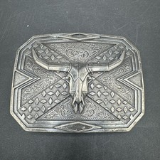Vintage Nocona Longhorn Bull Skull Silver Tone Large Western American Buckle
