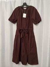 Free Assembly XS Midi Dress Puff Sleeves Tiered Elastic Waist Cotton Brown Tie