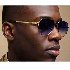 Gold Sunglasses Gradient Blue Lens Men's Fashion Eyewear Flat Top Bar Hip Hop