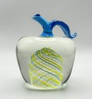 Art Glass Apple Paperweight – Yellow & White Swirl with Blue Stem Studio Glass