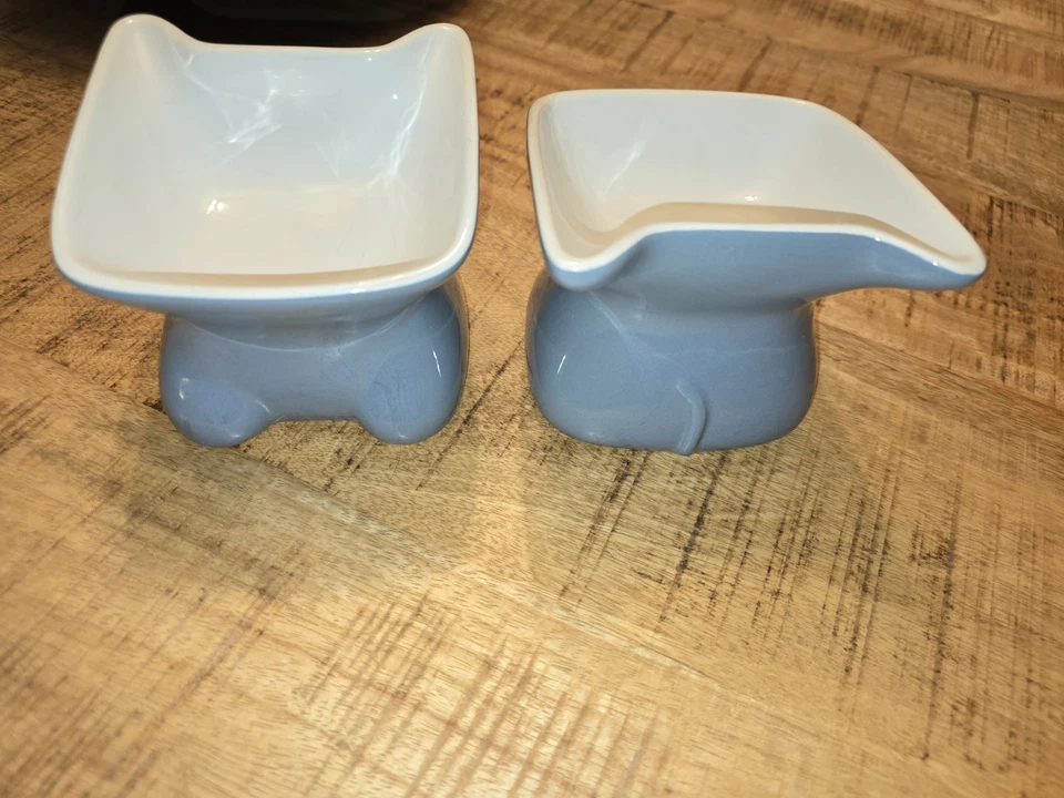 Whisker City Elevated Ceramic Cat Bowl Set Blue and White Set of 2 - Image 4 of 4
