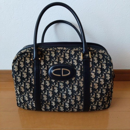 Christian Dior Tote Bag Navy Canvas Leather Logo Pattern Excellent Condition
