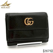 Gucci Petite Marmont Excellent Black Leather Trifold Wallet Gold GG Plate