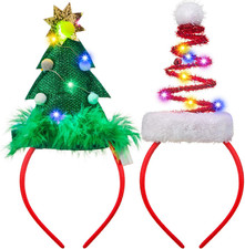 2 PCS Lighted Christmas Headbands with LED lights in Springy Santa Hat Tree Desi