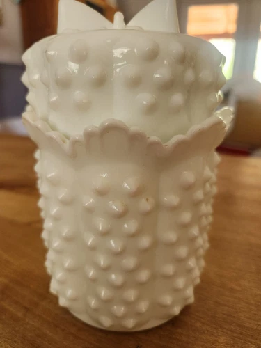 Vintage FENTON Butterfly Hobnail White Milk Glass, Candy Dish, Lidded Vanity Jar