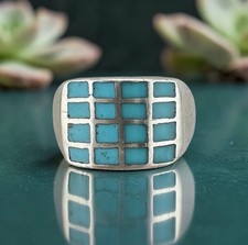 Vintage Southwestern Style Sterling Silver Turquoise Inlay Ring 8.4g- sz 10