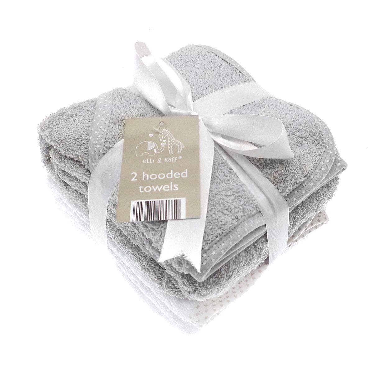 Elli & Raff Baby Hooded Bath Towels White/Grey 100% Cotton - 2 Pack