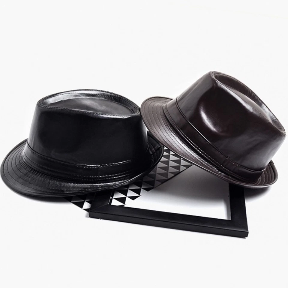 Gorra corta de cuero clásico PU Trilby Bowler ala Fedoras Panamá para jazz hombres Foto 2 de 4