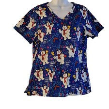 Frosty The Snowman Snow Day Blue V- Neck Scrubs M 100 Cotton Christmas Holiday
