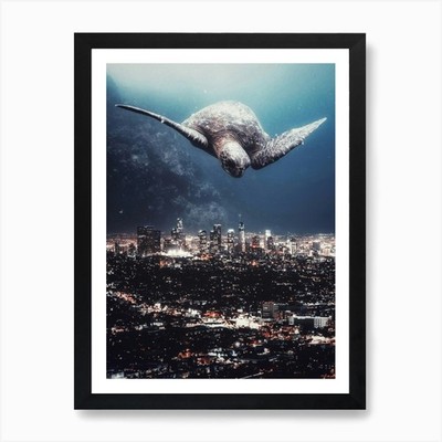 Schildkröte fliegende Stadt Nacht Kunstdruck gerahmt Wandbild Poster Leinwanddruck Bild