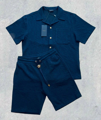 Versace Men's Navy Jacquard Logo Shirt & Shorts Set Medusa Buttons Size L