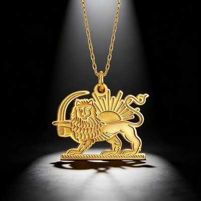 IRAN LION & SUN NECKLACE Persian Lion Pendant Stainless Steel Gold Jewelry