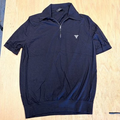 Prada Milano Navy Blue 1/4 Zip Polo Shirt Mens 52 Medium Logo Flaw