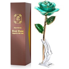 Gold Dipped Rose 24K Real Rose, Long Stem 24k Gold Plated Rose with Stand, Bi...