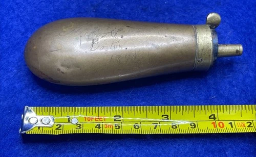 Civil War Powder Flask For An English Or American Revolver Cased Set. Engraved!