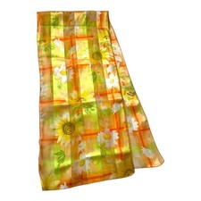 Vintage 1960s  1970s Sheer Floral Scarf Orange Yellow Green Daisy Print Made in U