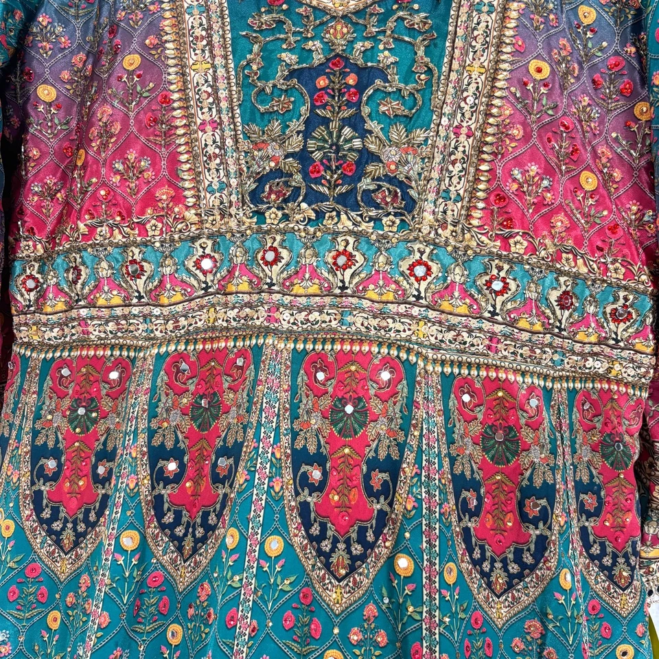 Vestido SATRANGI indiano Anarkali multicolorido brocado espelho trabalho e miçangas GG - Imagem 4 de 4
