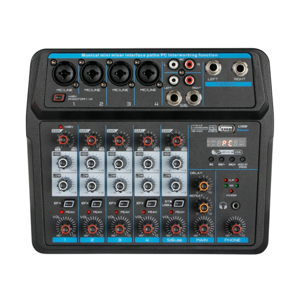 4 6 Channels Audio Mixer Sound Mixing Console USB Record DJ Mixer Bluetooth - Image 2 of 4