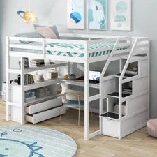 Full Size Loft Bed with Desk & Storage Cabinets Shelve Staircase Wood Bed Frames