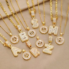 Women Men Gold Plated Circle Cubic Zirconia Initial Letter Pendant Necklace Gift