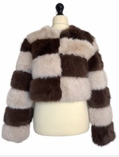 Quirky Cropped Brown/ Beige Patchwork Faux Fur Jacket - Size M/l ( Uk 12/14 )
