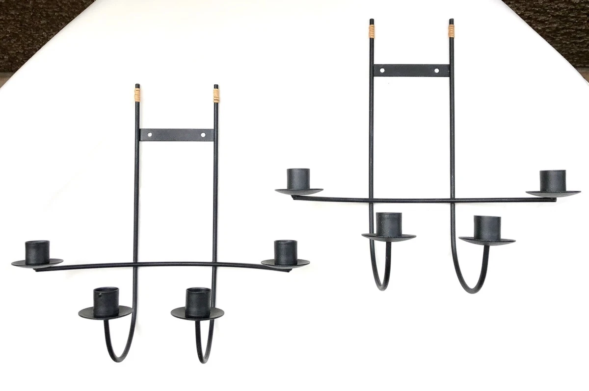2 mid century WALL candle sconces black metal rattan mod Laurids