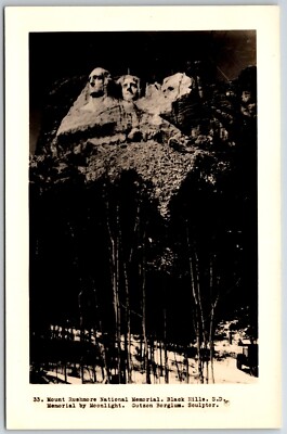 mount rushmore black hills south dakota memorrial by moonlight RPPC