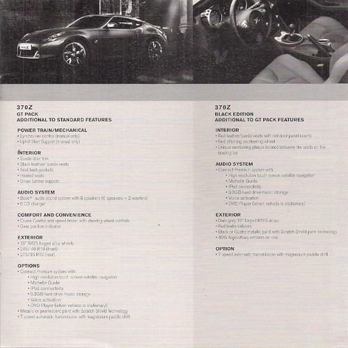 Nissan 370Z Specifications 2010 UK Market Brochure Coupe Roadster GT Black Ed - Picture 2 of 2