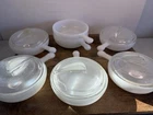 7 Glasbake Soup Chili Bowls With 5 Fin Lids Vintage Milk Glass Near Mint