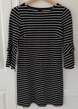 Ann Taylor Striped Sheath Dress XS Black White Bell Sleeve Tiered Knit Stretch