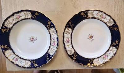 Antikes Paar Coalport floral bemalt kobaltblau vergoldet Teller Geschirr Porzellan