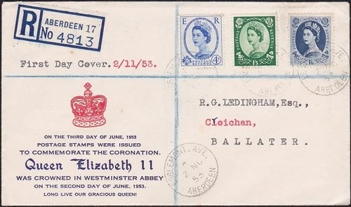 GB 1953 QE 4d, 1/3d & 1/6d on registered FDC Aberdeen to New Zealand.......D8512
