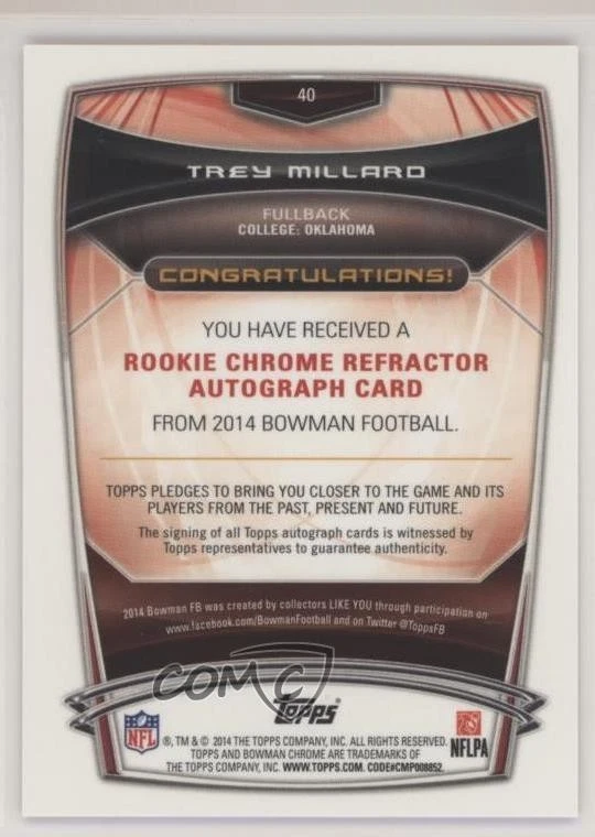 2014 Bowman Rookie Chrome Refractor Orange Border /50 Trey Millard #40 Auto RC - Image 2 of 2