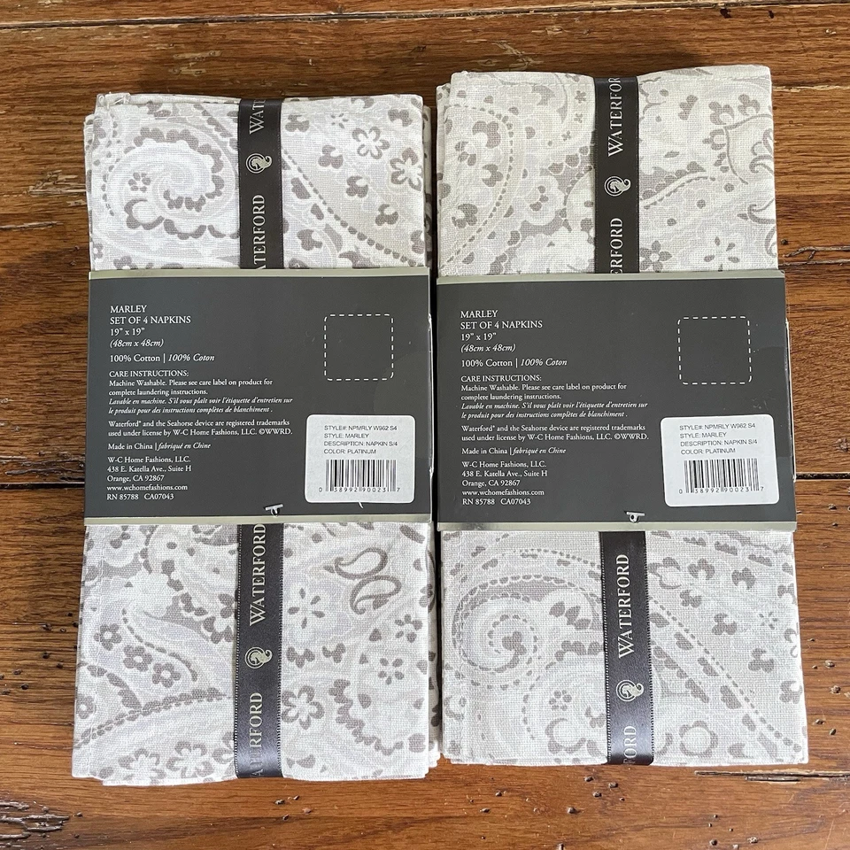 Lote 8 Servilletas de Tela Waterford Marley Gris Platino Paisley 19 x 19 en Algodón NUEVAS Foto 2 de 4