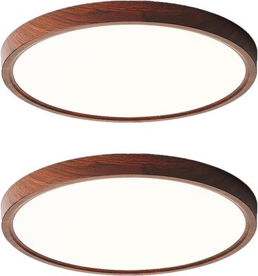 Dimmable Walnut Wood Ceiling Light Fixture - 16'' Round LED 2 Pack