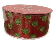 Sam's Club 2.5” x 50 yd Designer Wired Ribbon Red w Green Polka Dots w Glitter