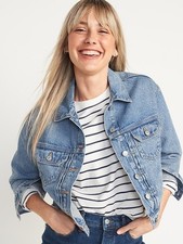  Discontinued Cropped Jean Jacket Large New WT Women's Cotton Denim Medium Wash