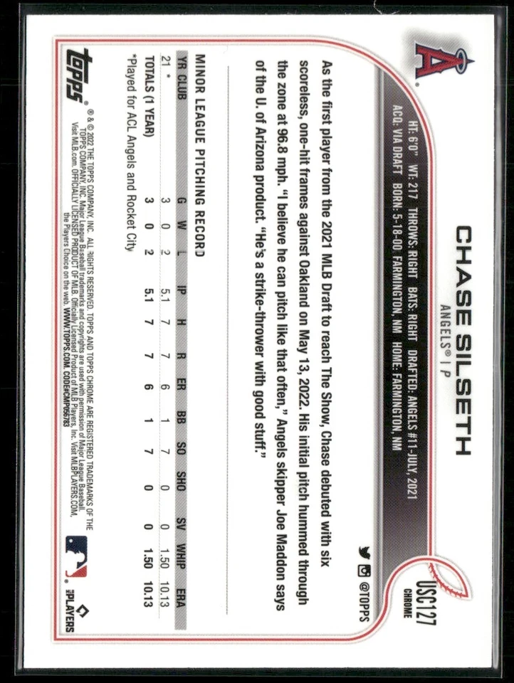 2022 TOPPS CHROME UPDATE PURPLE REFRACTOR CHASE SILSETH RC LOS ANGELES ANGELS - Image 2 of 2